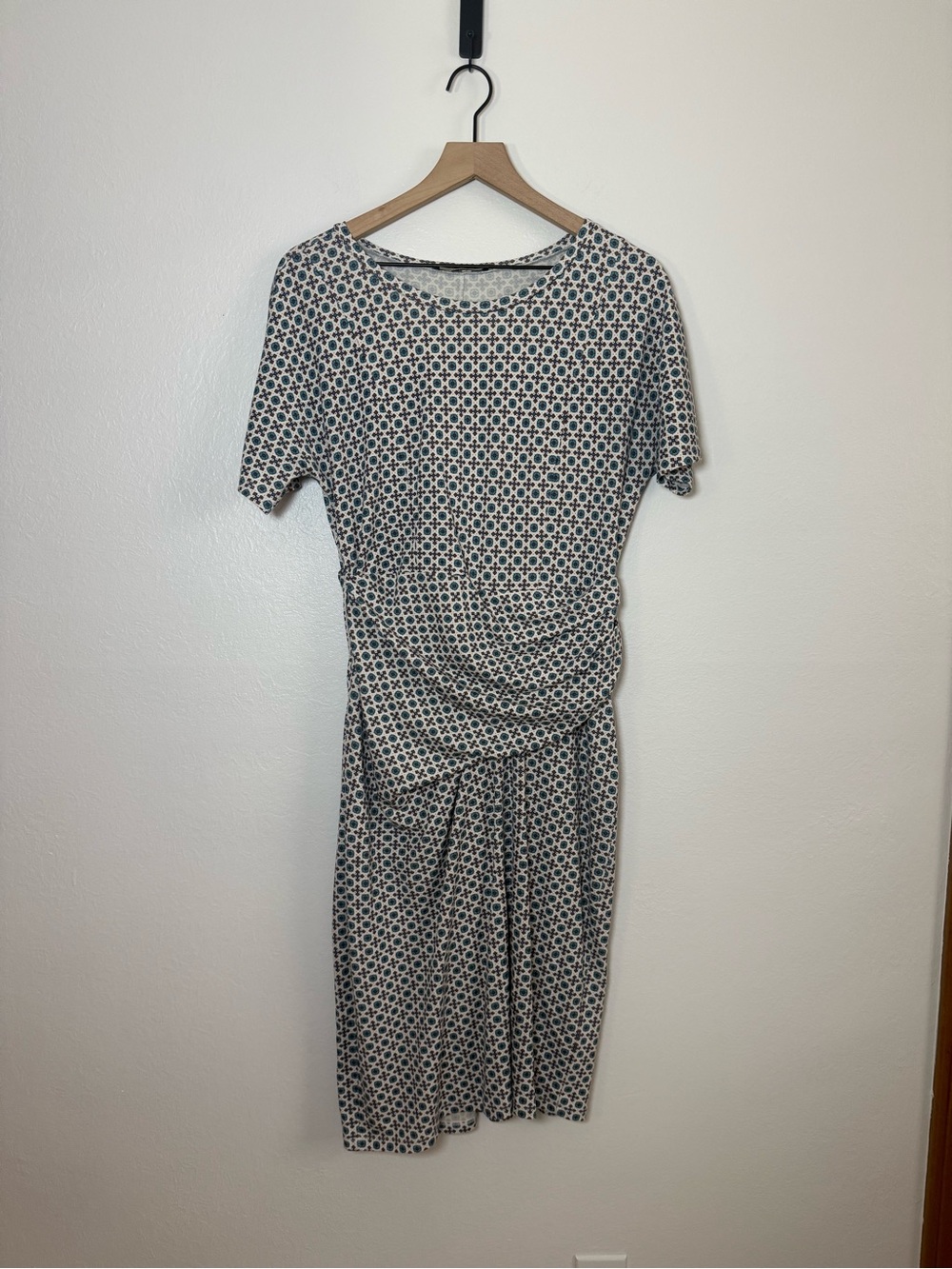 Max Mara Weekend Short Sleeve Ruched Drape Jersey Midi Dress Geometric Print